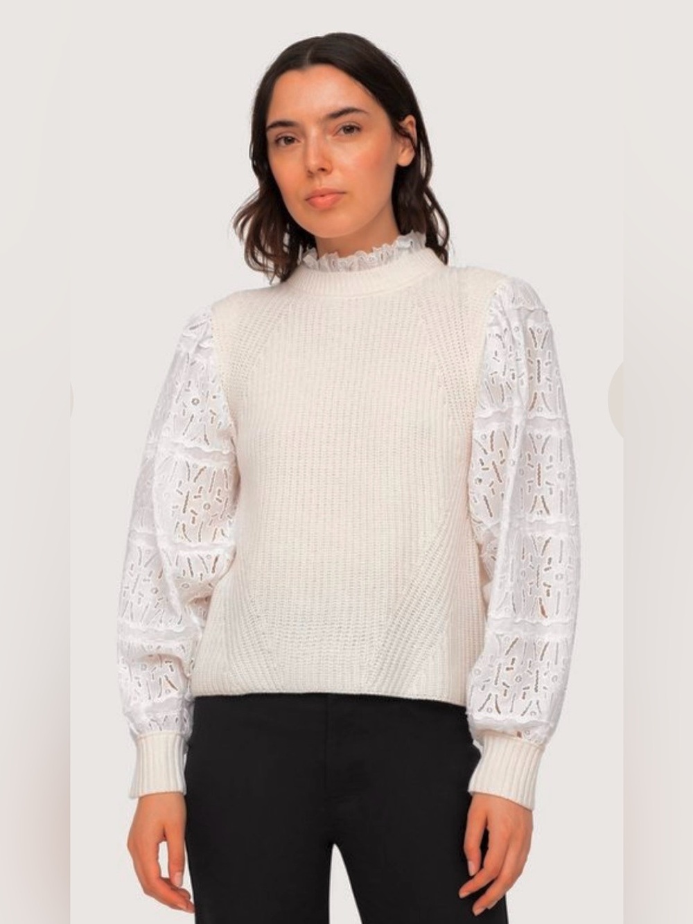 LN $350 WOMEN SMALL (bust 36”) SEA NEW YORK IRIS SWEATER WOOL COTTON CREAM LACE